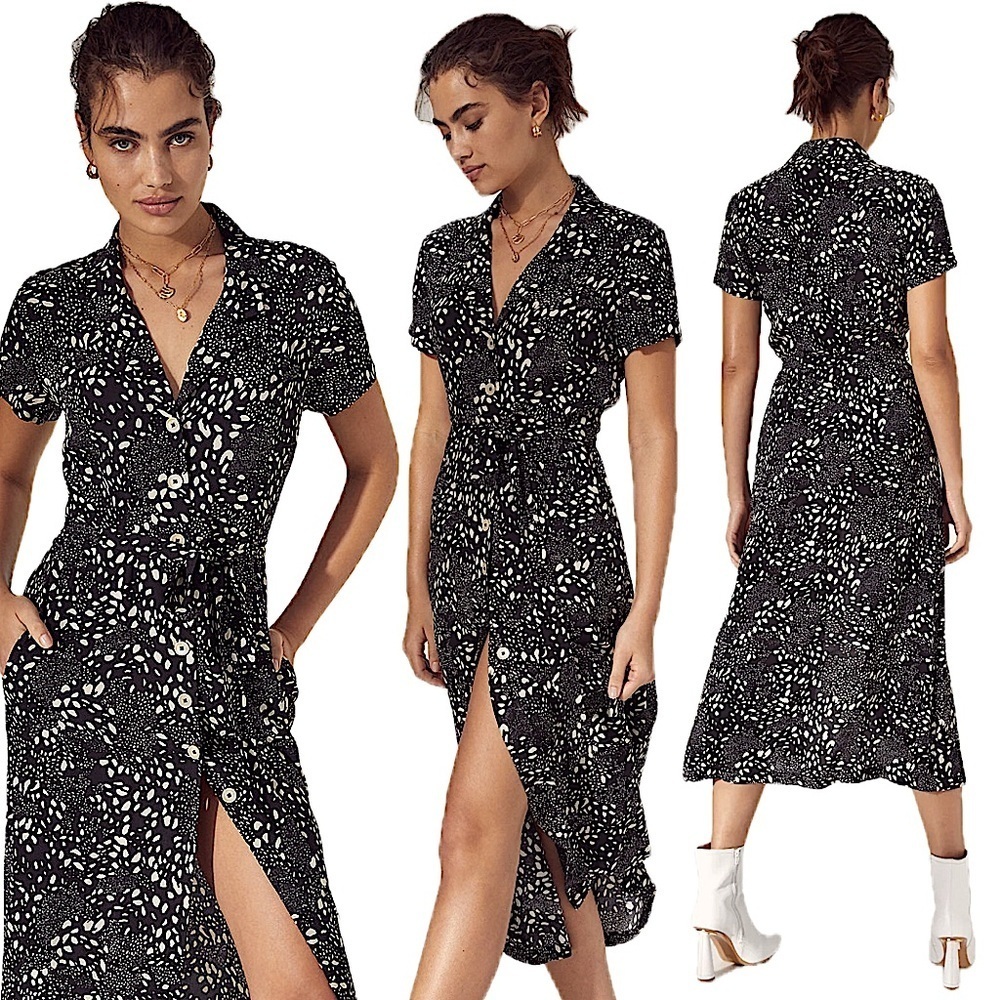 Wilfred Aritzia Button Down Collared Short Sleeve Midi Maxi Shirt Animal Dress